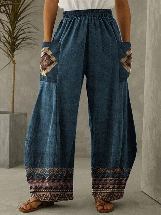 Women's Wide Leg Pants Trousers Vacation Ethnic Style Boho Full Length High Waist Graphic Pocket Elastic Waistband Print Comfy Breathability Inelastic Vacation Street Casual Dark Blue Spring Fall4