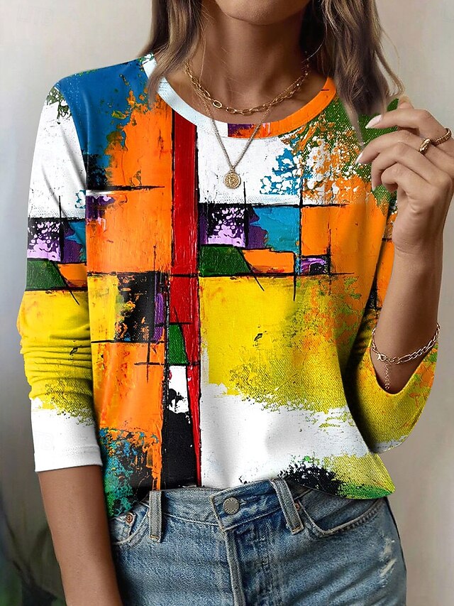 Women's T Shirt Graphic Geometric Vintage Fashion Stylish Long Sleeve Crew Neck Round Neck Regular Tops Daily Weekend Print Blue Purple Orange Summer Spring Fall4