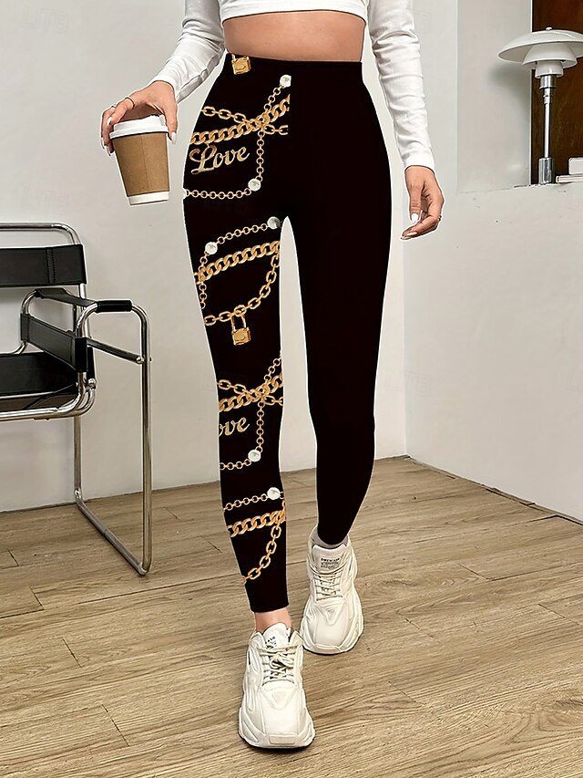 Women's Slacks Leggings Cozy Leggings Vacation Vintage Streetwear Full Length Natural Graphic Chains Print Elastic Waist Print Comfy Outdoor Comfortable Stretchy Outdoor Vacation Streetwear Black4