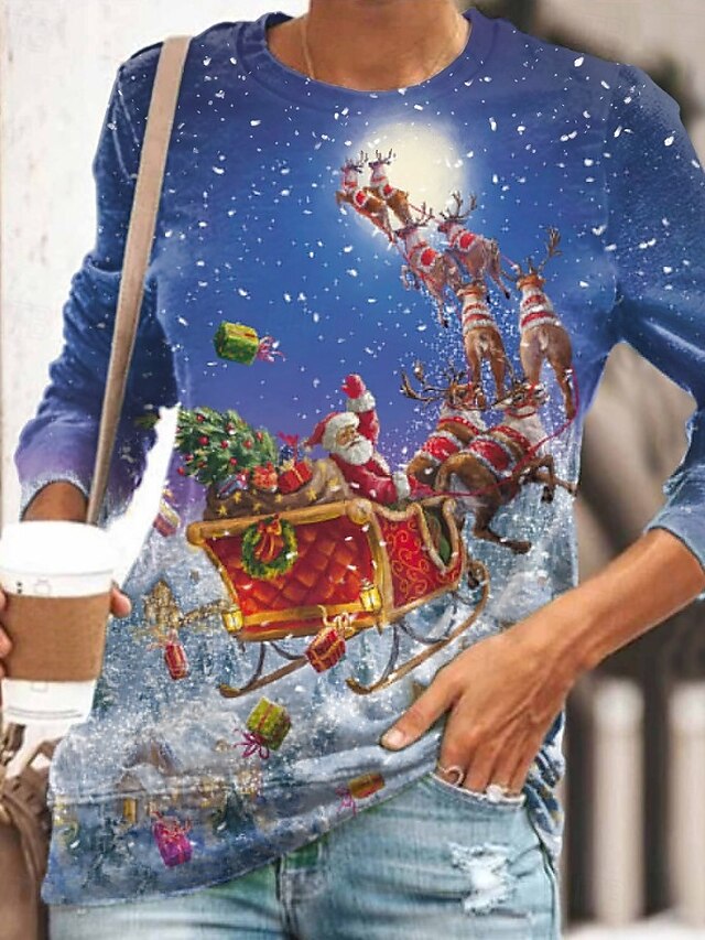 Women's Pullover Sweatshirt Hoodies Graphic Santa Claus Snowman Fashion Casual Long Sleeve Crew Neck Regular Tops Street Dailywear Casual Print Blue Fall Winter2