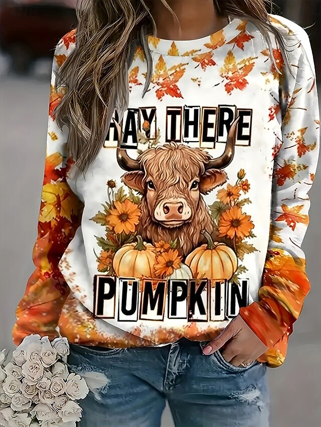 Women's Sweatshirts Graphic Animal Cow Vintage Casual Long Sleeve Crew Neck Regular Tops Street Dailywear Casual Print Orange Spring Fall Winter4