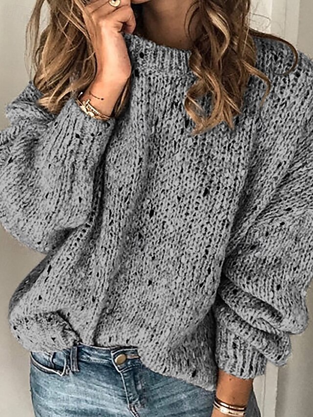 Women's Sweater Pullover Streetwear Casual Solid Color Crew Neck Knitted Long Sleeve Regular Tops Knit Daily Going out Weekend Light Grey Dark Gray Fall Winter4