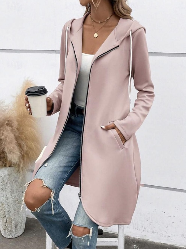  Dam Vardaglig jacka Hoodiejacka Bekväm Andningsfunktion Dragkedja Ficka Ledigt Slät Semester Gata Ledigt Dagliga kläder Dragkedja Lång Huva Normal Långärmad Ytterkläder Svart Rodnande Rosa Grå Vår