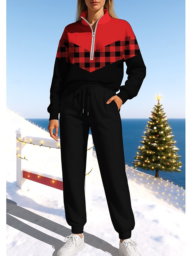 Christmas Women's Sweatshirt Tracksuit Sweatsuit Drawstring Zipper Plaid Checkered Jacket and Sweatpants Athletic Clothing Set Spring Red / black Casual Workout Outdoor Soft Baggy Long Sleeve Sport4