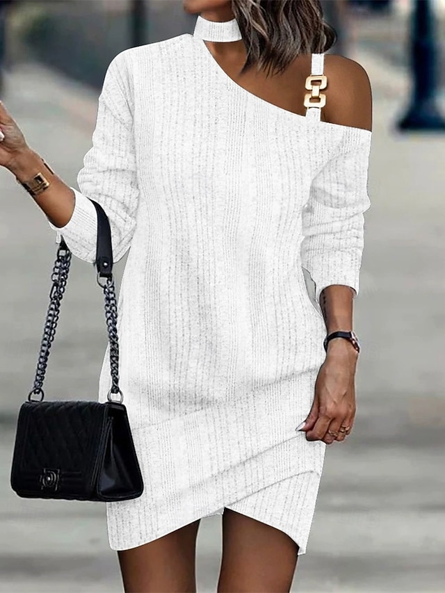 Női Midi ruha hétköznapi ruha Elegáns Divat Modern Szabadtéri Iroda Napi Vékony Sima Hosszú ujj Félvállas Fehér Tél Ősz