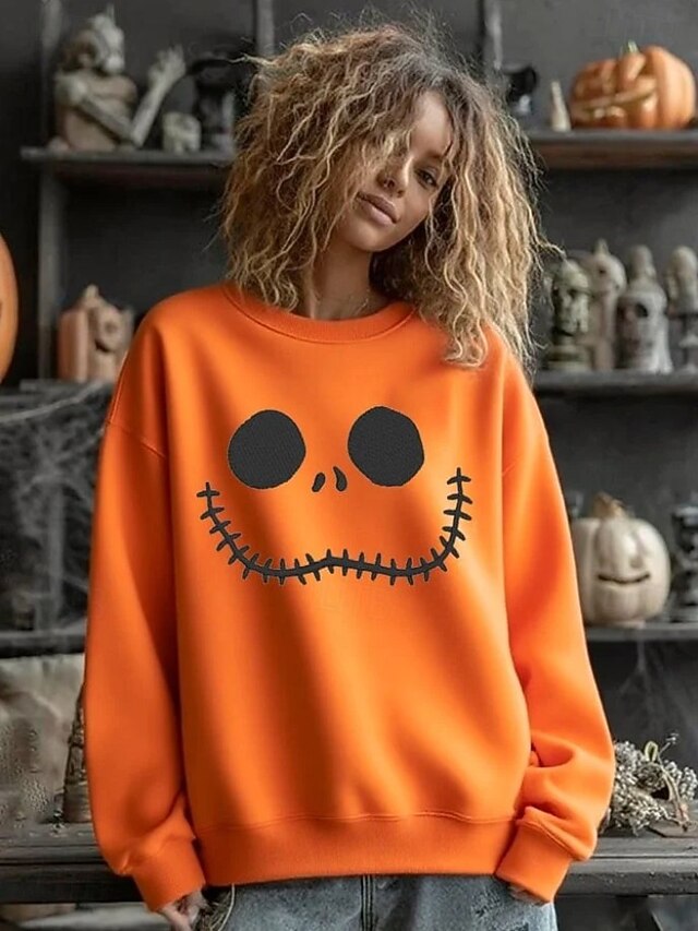 Women's Pullover Sweatshirt Graphic Skull Halloween Fashion Casual Long Sleeve Crew Neck Regular Tops Street Dailywear Casual Print White Orange Gray Fall Winter4