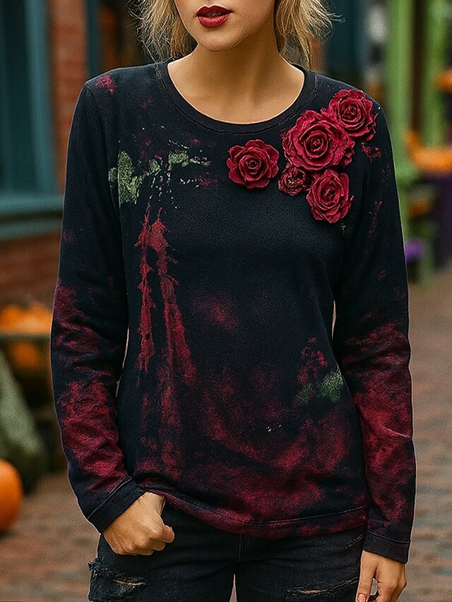 Halloween Women's T Shirt Floral Graphic Halloween Vintage Fashion Stylish Long Sleeve Crew Neck Round Neck Regular Tops Daily Weekend Print Wine Spring Fall Winter4