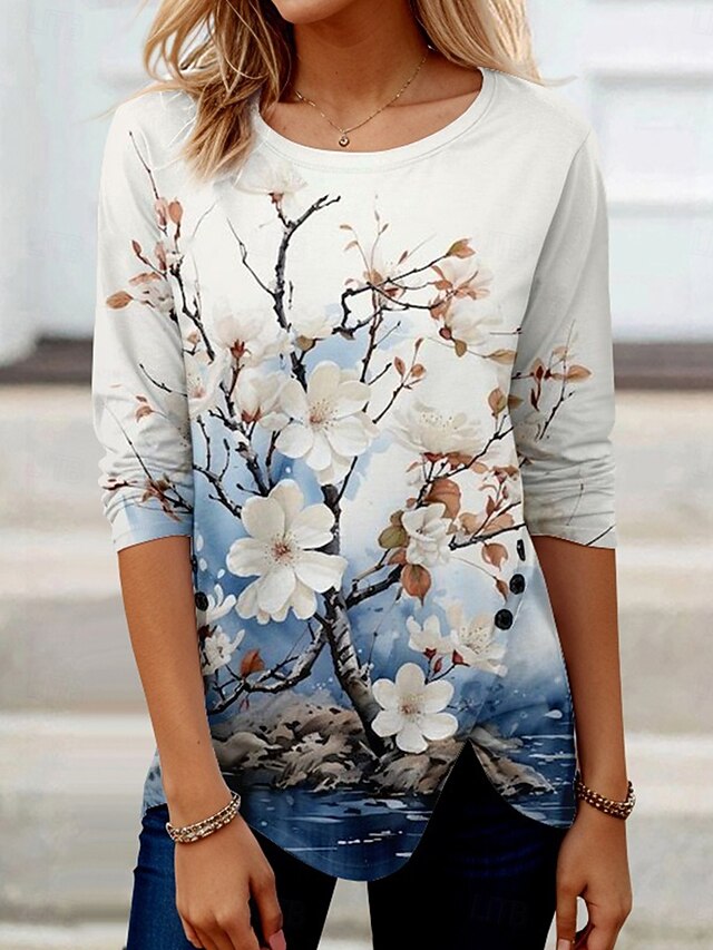 Women's T Shirt Floral Graphic Plants Vintage Stylish Ethnic Long Sleeve Crew Neck Regular Tops Daily Buttons Print Asymmetrical Pink Blue Green Spring Fall4