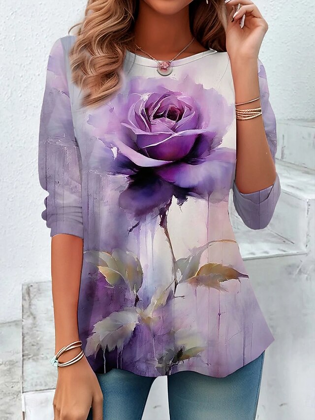 Women's T Shirt Ombre Floral Graphic Vintage Stylish Classic Long Sleeve Crew Neck Round Neck Regular Tops Daily Print Purple Spring Fall Winter4