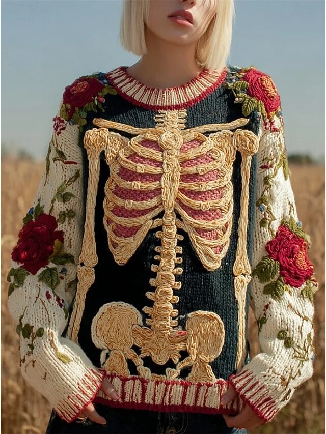 Halloween Women's Sweater Skeleton  Cute Streetwear Casual Graphic Skeleton Crew Neck Patchwork Knitted Long Sleeve Regular Tops KnitBlack Orange Fall Winter4