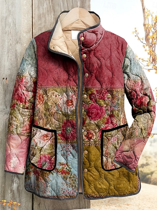 Women's Winter Jacket Quilted Jacket Warm Lightweight Print Active Vintage Cute Artistic Floral Casual Regular Stand Collar Regular Fit Long Sleeve Outerwear Pink Orange Fall Winter3