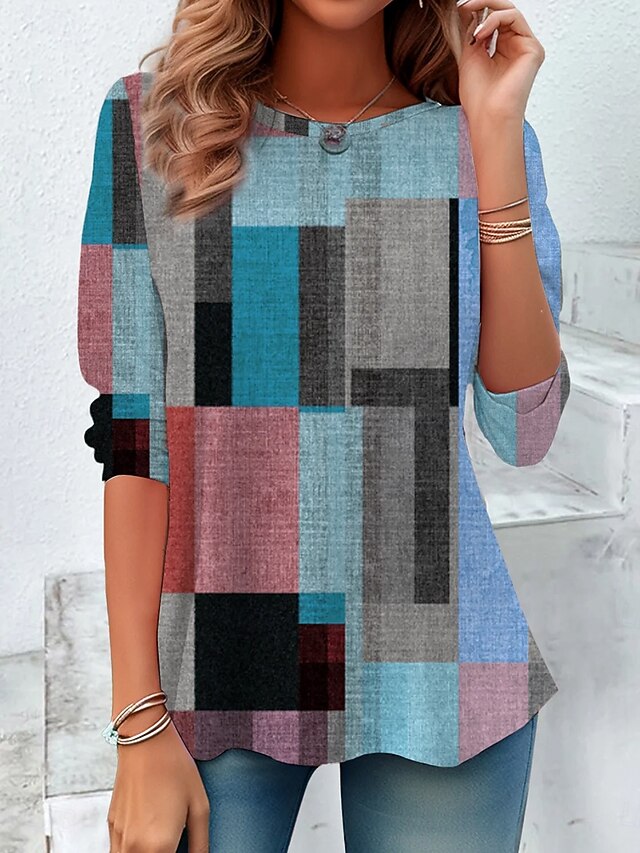 Women's T Shirt Graphic Geometric Color Block Vintage Stylish Classic Long Sleeve Crew Neck Round Neck Regular Tops Daily Print Blue Spring Fall Winter4