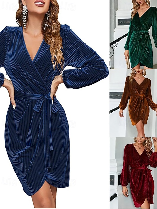  Damen Minikleid Samtkleid Partykleid Elegant Modern Party Abendgesellschaft Ferien Normale Passform Einfach Langarm V Ausschnitt Wein Dunkelgrün Braun Herbst Winter