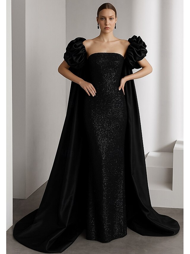 Sheath / Column Evening Gown Elegant Formal Dress Formal Wedding Floor Length Short Sleeve Lapel Satin with Glitter Pleats 20254