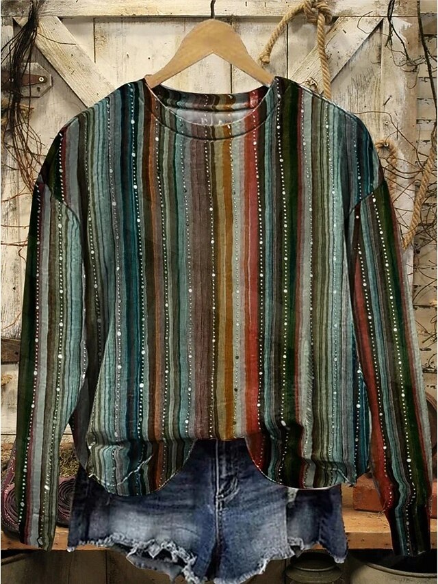 Women's Pullover Sweatshirt Graphic Striped Casual Long Sleeve Crew Neck Regular Tops Home Work Street Green Spring Fall Winter2