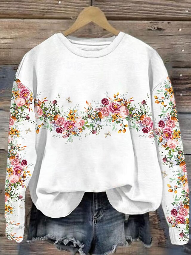Women's Pullover Floral Graphic Warm Classic Casual Long Sleeve Crew Neck Regular Tops Home Street Dailywear Print White Spring Fall Winter4