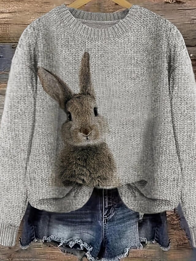 Women's Sweater Pullover Casual Animal Ribbed Crew Neck Knitted Long Sleeve Regular Tops Knit Daily Holiday Going out Gray Fall Winter4