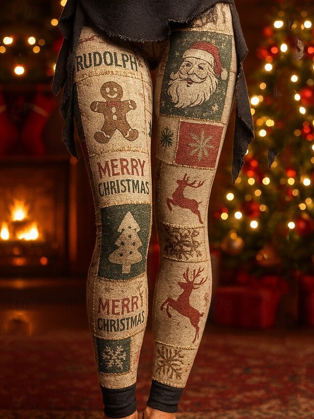 Women's Leggings Vacation Vintage Ethnic Style Full Length High WaistPantsUgly Christmas Graphic Santa Claus Christmas 3D Print Novelty Quick Dry Breathability Soft Stretchy Formal Outdoor Vacation4