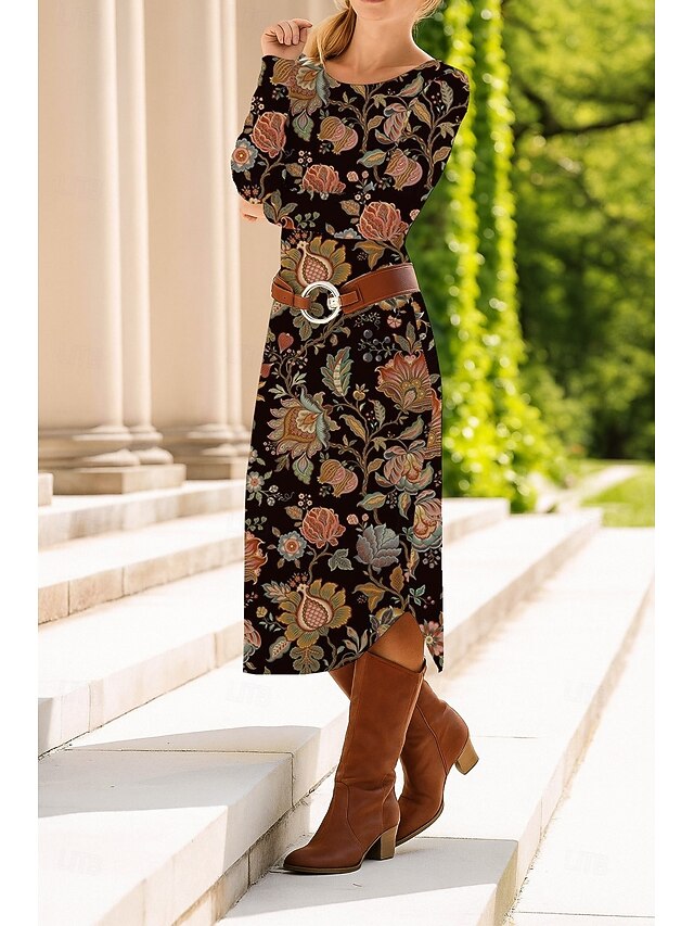 Women's Midi Dress Sheath Dress Shift Dress Casual Daily Regular Fit Floral Graphic Paisley Long Sleeve Crew Neck Brown Spring Fall Winter Autumn2