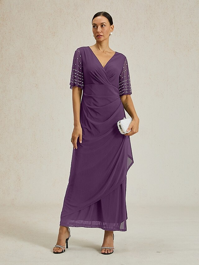 Women's Maxi Dress Sheath Dress Elegant Solid Color Short Sleeve V Neck Purple Summer Spring Fall4