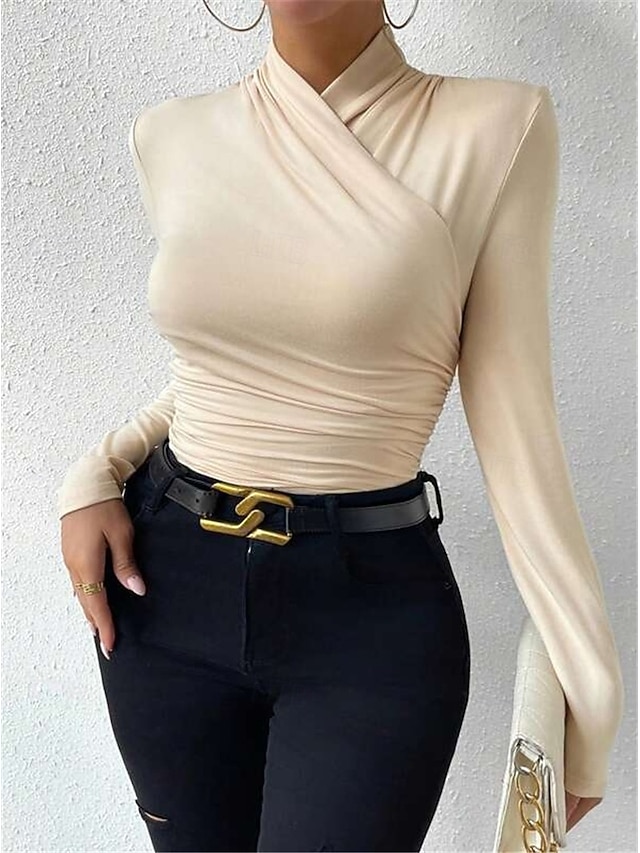  Damen Bluse Einfarbig Stilvoll Lässig Langarm V Ausschnitt Normale Oberteile Täglich Gerafft Schwarz Weiß Aprikose Grau Frühling Herbst Winter