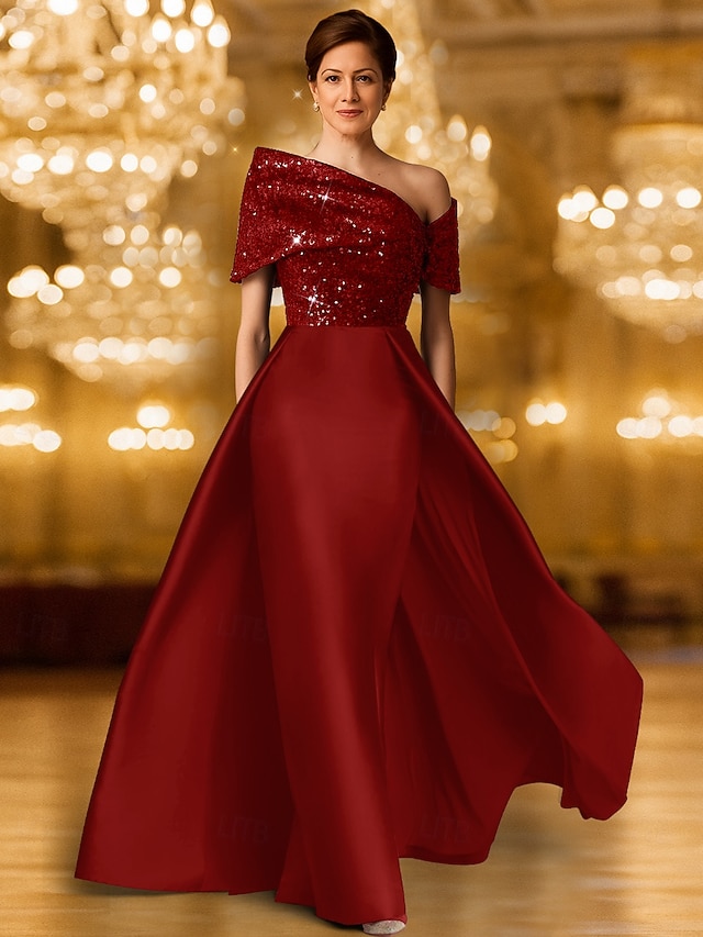  Linia -A Rochii de seara Elegant Rochie formală Oficial Nuntă Lungime Podea Manșon scurt Pe Umăr Satin cu Strălucire 2025