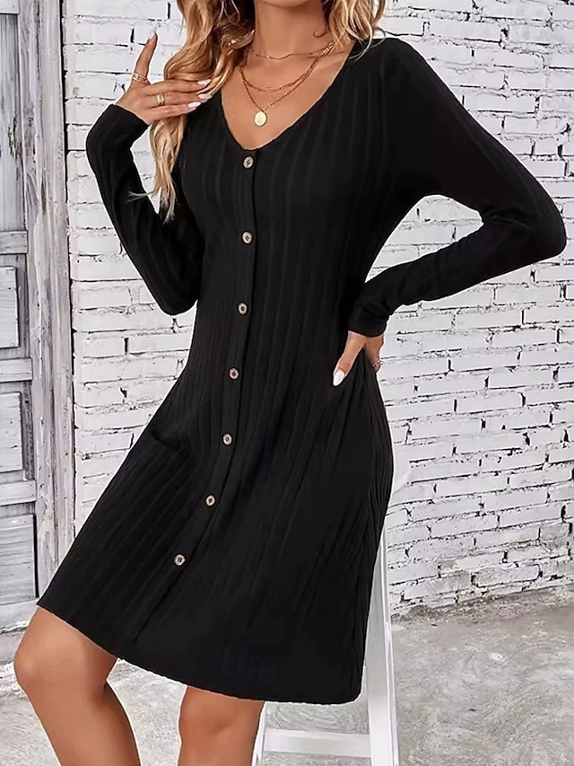  Femmes Mini Robe Robe Décontractée Élégant Mode Moderne Extérieur Quotidien Sortir Coupe régulière Uni manche longue Col ras du cou Noir Printemps Automne
