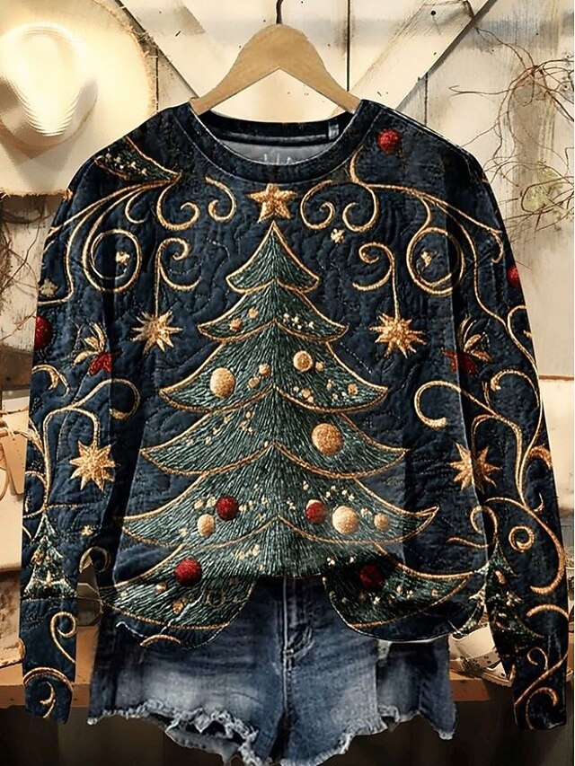Women's Pullover Sweatshirt Christmas Tree Christmas Casual Long Sleeve Crew Neck Regular Tops Street Dailywear Casual Blue Dark Green Dark Gray Fall Winter4