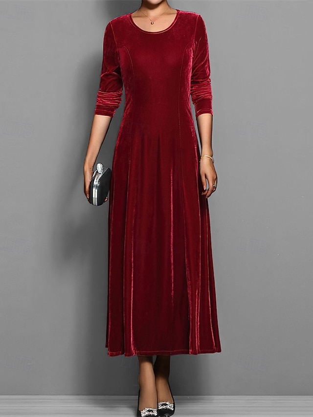  Femmes Robe Longue Maxi Robe Robe en Velours Robe Décontractée Robe de Cocktail Élégant Mode Moderne Quotidien Soirée Week-end Coupe régulière Uni Manche 3/4 Col ras du cou Noir Rouge Bleu Violet