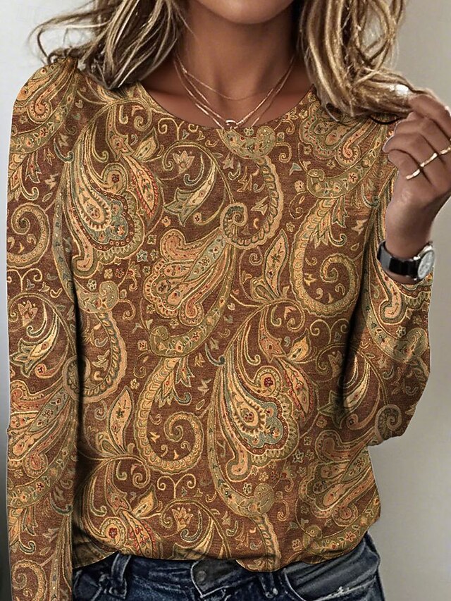 Women's T Shirt Floral Graphic Paisley Vintage Stylish Casual Long Sleeve Crew Neck Regular Tops Daily Print Blue Brown Green Spring Fall Winter4