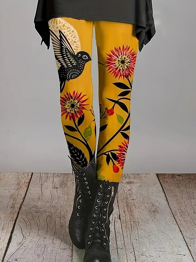 Women's Leggings Cozy Leggings Vacation Vintage Ethnic Style Full Length High Waist Floral Printing Thermal Warm Comfortable Stretchy Vacation Casual Daily Yellow Spring Fall Winter Slim Fit4