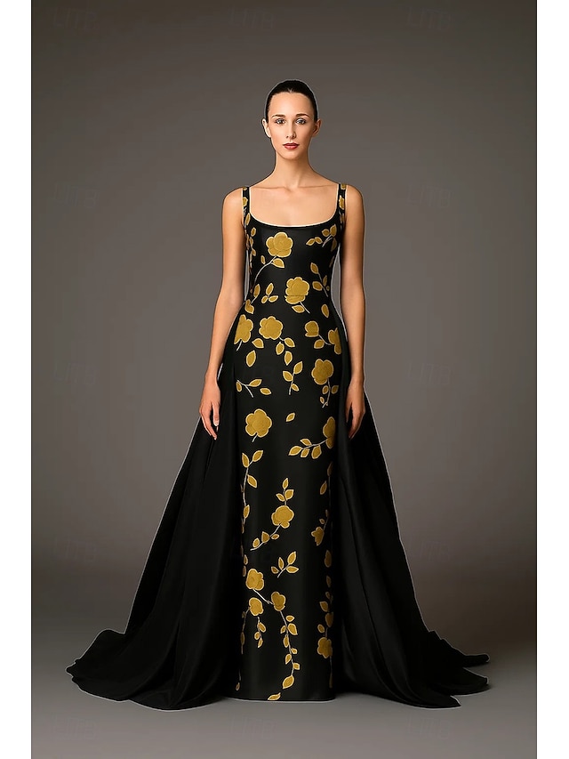  Abendkleid in A-Linie mit Blumenmuster in Schwarz und Gold, elegantes Abendkleid für formelle Hochzeiten, Schleppe, ärmellos, quadratischer Ausschnitt, Tasche, Stretch-Satin mit Überrock 2025