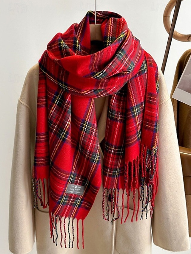  Écharpe à carreaux de Noël pour femme, châle d'hiver chaud en tartan avec franges, accessoire de mode confortable pour les fêtes de fin d'année et les vêtements d'extérieur