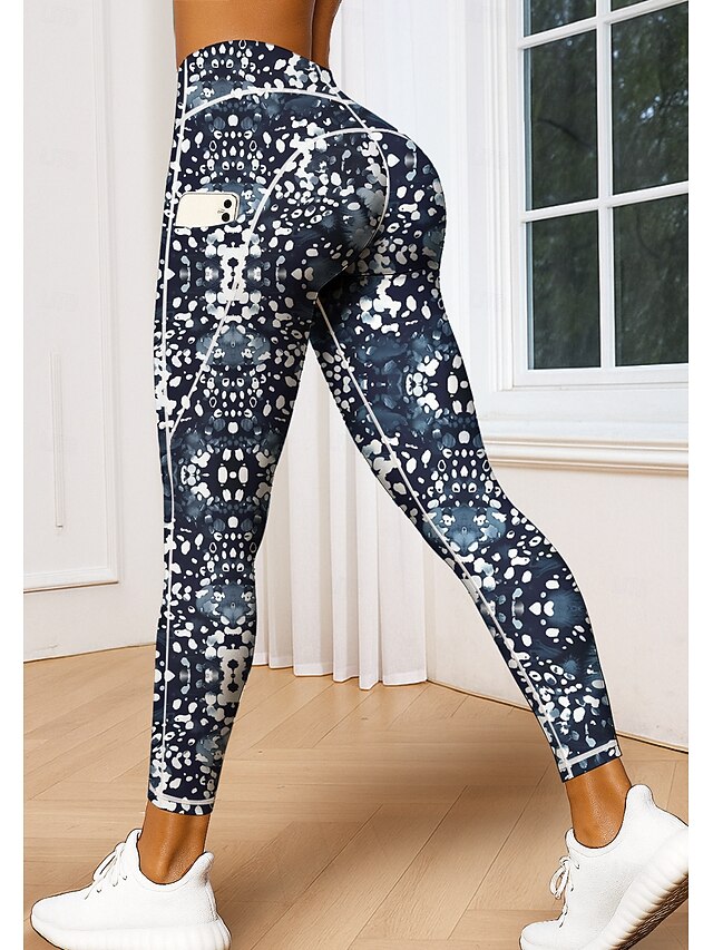 Women's Unisex pilates leggings fitness pants Gym Leggings Pockets Stamp Duty Side Pockets Pilates Gym Gym Workout Pants Tights Leggings Polka Dot Abstract Geometry Black+White+Navy Blue Sports4