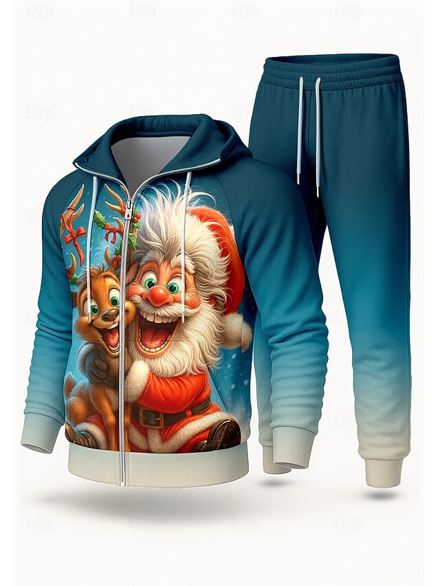 Christmas Men's Hoodie Tracksuit 2 Piece Tracksuit Drawstring Zip Up Color Gradient Athletic Clothing Set Clothing Suit Fall Blue Vocation Outdoor Travel Lightweight Fashion Long Sleeve Sport4