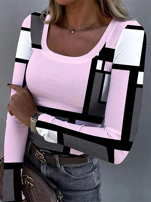 Women's Tunic Graphic Geometric Abstract Vintage Fashion Stylish Long Sleeve Square Neck Regular Tops Daily Print Pink Khaki Light Blue Spring Fall Winter4