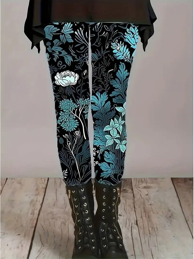  Dámské Legíny prázdniny Vinobraní Módní Plná délka Vysoký pas Květinový Grafika S lístky Potisk Zahřívací Yumuşak Prodyšné Elastické Dovolená ulice Tmavě zelená Jezerní modrá Ametyst Jaro Podzim Zima