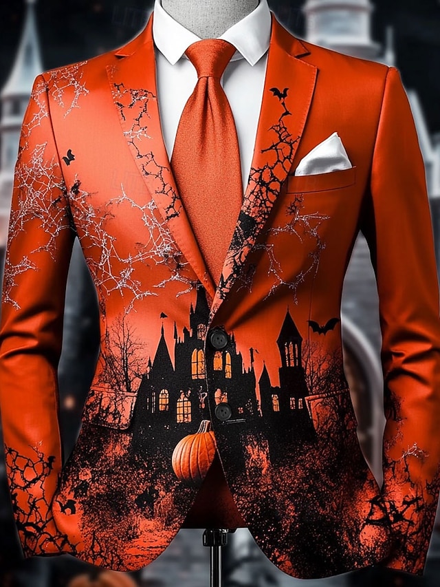  Halloween Męskie Dynia Zamek Marynarka Wygodny Artystyczny Codzienny Stroje na imprezy wieczorowe Codzienny Festiwal Druk 3D Guziki Multi Pocket Wiosna Jesień i zima Wycięcie Długi rękaw Czerwony