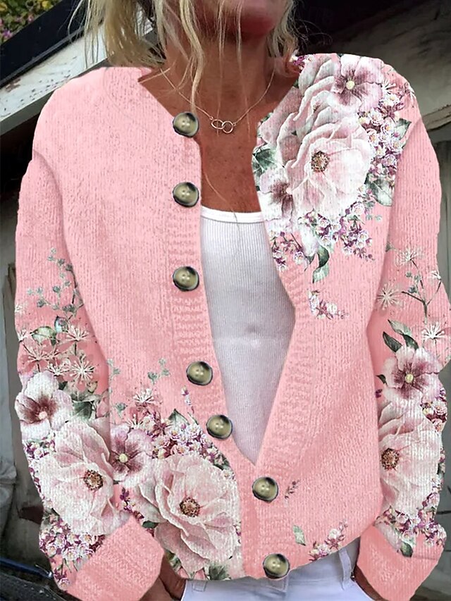 Women's Cardigan Daily Floral Graphic Ribbed Crew Neck Floral Buttons Print Long Sleeve Regular Tops Knit Outdoor Weekend Pink Spring Fall4