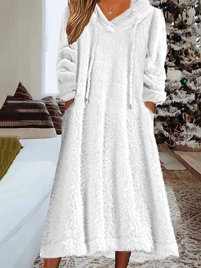 Femmes Robe Midi Robe Décontractée Robe d'Hiver Mode Moderne Quotidien Week-end Coupe régulière Uni manche longue À capuche Blanche Hiver Automne