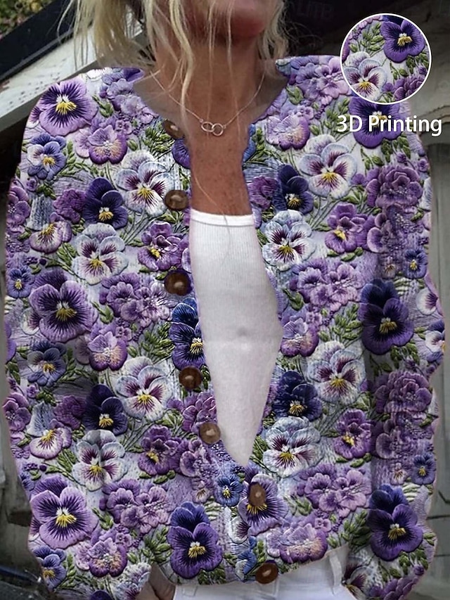  Dámské Svetr Kardigan Elegantní Vinobraní Módní Květinový Tričkový Kapsy Pletený Tisk Dlouhý rukáv Běžné topy Plést Venkovní Denní Víkend Fialová Trávová zelená Podzim Zima