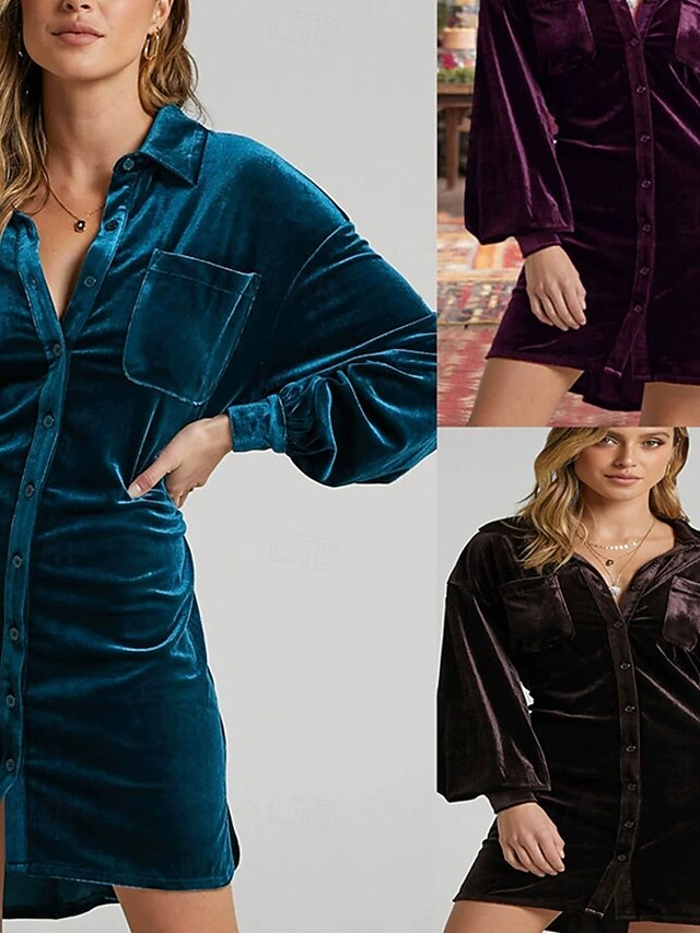  Femmes Robe Midi Robe Décontractée Mode Classique Moderne Extérieur Vacances Fête Coupe régulière Uni manche longue Col de chemise Violet Marron Vert Été