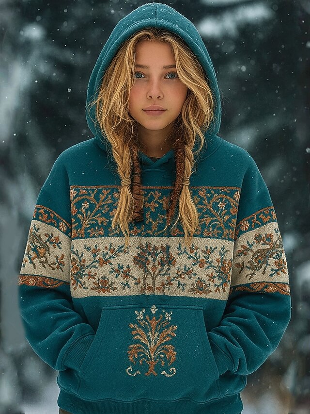 Vintage Viking Women's Pullover Hoodie Sweatshirt Graphic Geometric Warm Vintage Western Long Sleeve Hooded Regular Tops Street Print Front Pocket Black Dark Green Green Spring Fall Winter #4