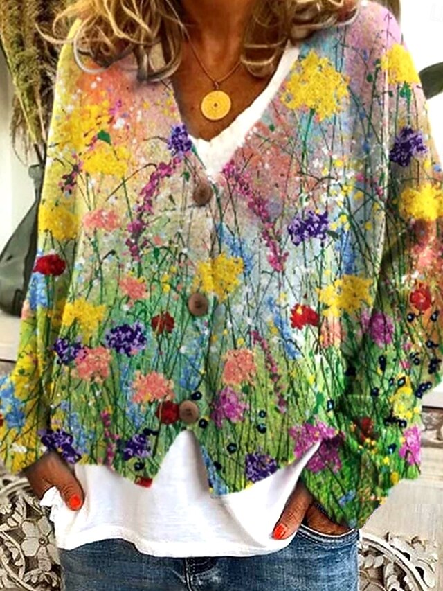 Women's Sweater Cardigan Elegant Vintage Fashion Floral Graphic Butterfly V Neck Pocket Knitted Print Long Sleeve Regular Tops Knit Outdoor Daily Weekend Ginger Green Fall Winter4