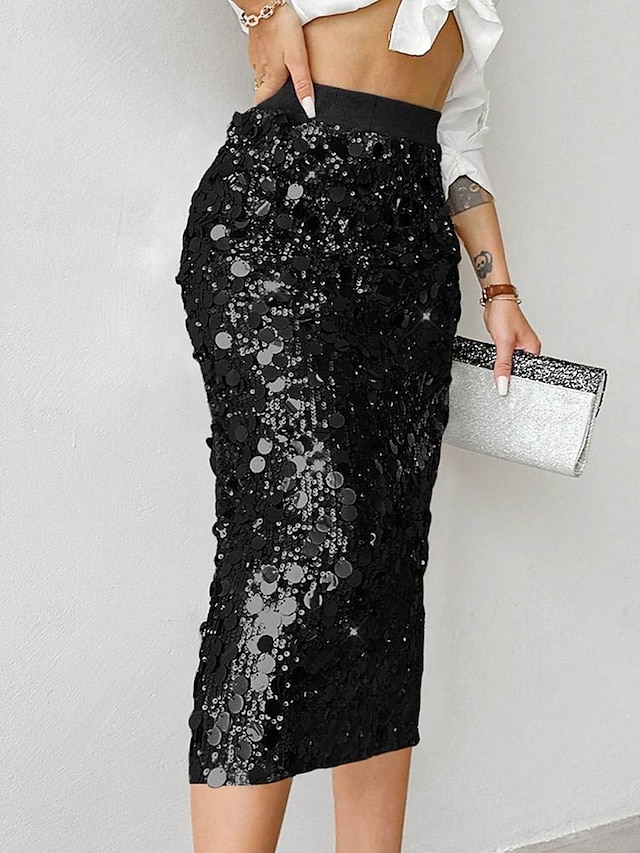  Per donna Gonna Aderente Elegante Moda Midi Vita Alta Gonne Semplice Paillettes Elasticizzato Feste Streetwear Argento Nero Oro Primavera Poliestere