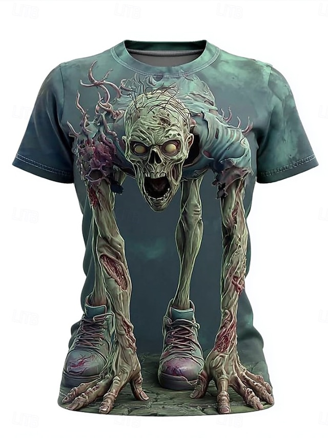  Halloweenowa koszulka damska z grafiką czaszek w stylu vintage casualowa z krótkim rękawem okrągły dekolt regularne topy codzienny na wyjście weekendowy nadruk różowy przygaszony niebieski