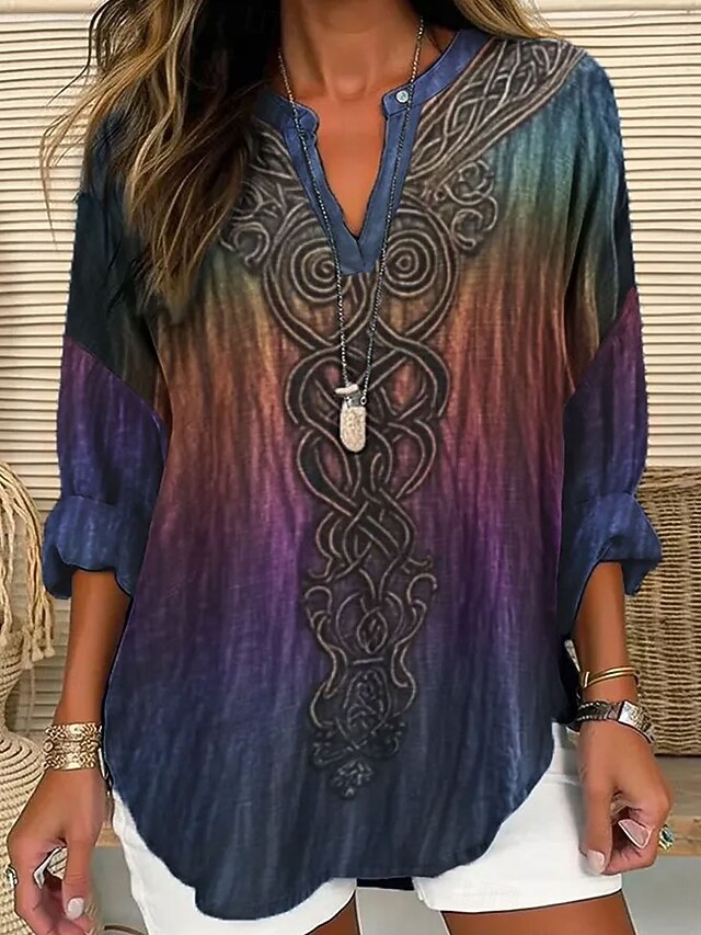 Women's Blouse Ombre Graphic Geometric Vintage Tropical Hawaiian Long Sleeve V Neck Regular Tops Daily Holiday Vacation Wear Print Black Yellow Purple Spring Fall Winter4