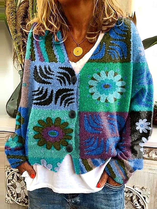  Femmes Pull Cardigan Élégant ancien Mode Fleuri Graphique Géométrique Col en V Avec Poches Tricoté Imprimé manche longue Hauts Réguliers Tricoter Extérieur Quotidien Week-end Marron Rouge Bleu