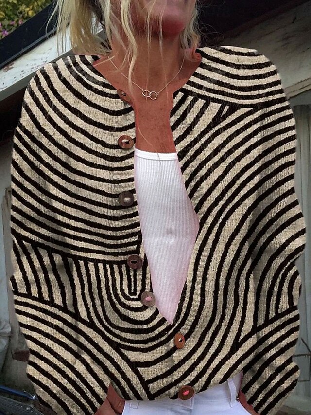 Women's Cardigan Fashion Daily Casual Graphic Geometric Ribbed Crew Neck Buttons Print Long Sleeve Regular Tops Knit Outdoor Daily Date Black Blue Fall Winter4