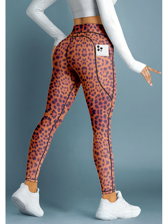 Women's pilates leggings fitness pants Gym Leggings Pockets Stamp Duty Side Pockets Pilates Gym Gym Workout Pants Tights Leggings Animal Patterned Leopard Print Pink Sports Activewear Stretchy Tight4